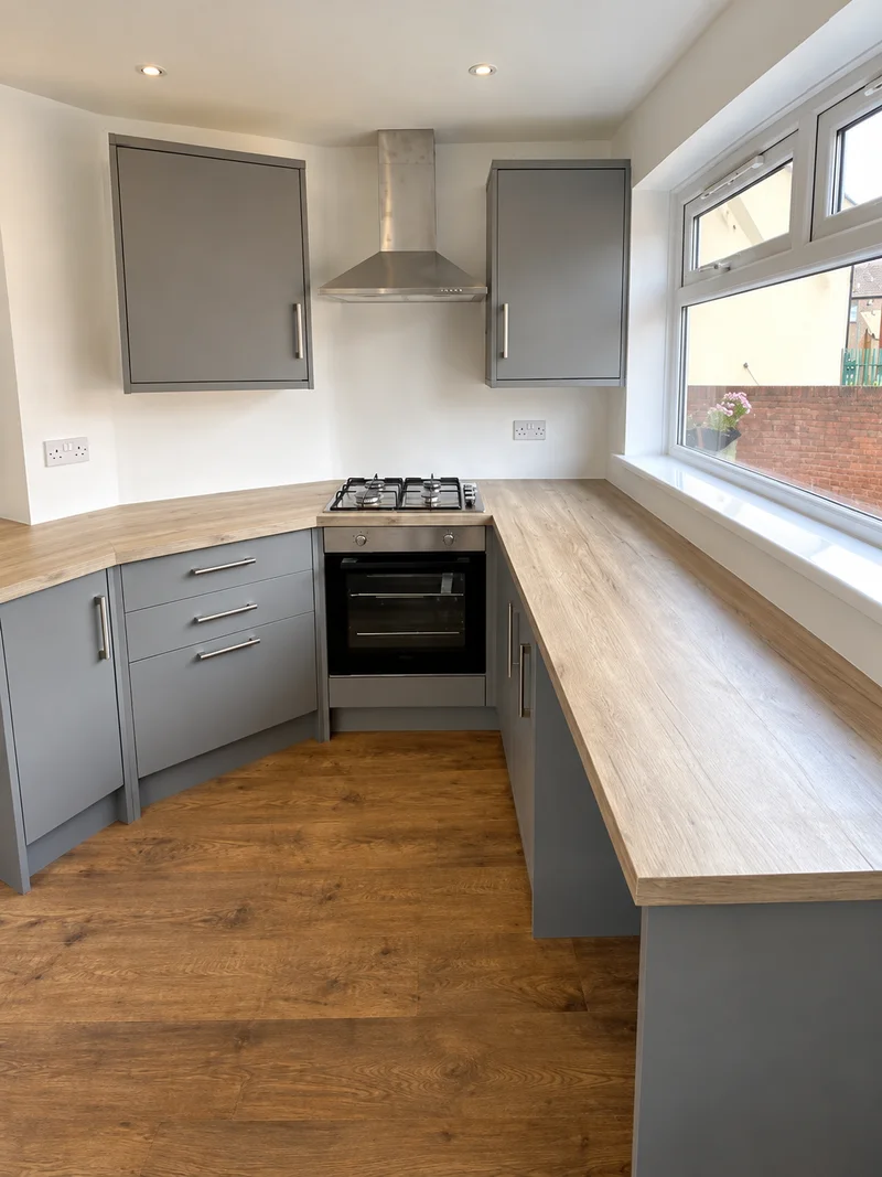 Grey kitchen units and a wooden-effect worktop; photo enhanced